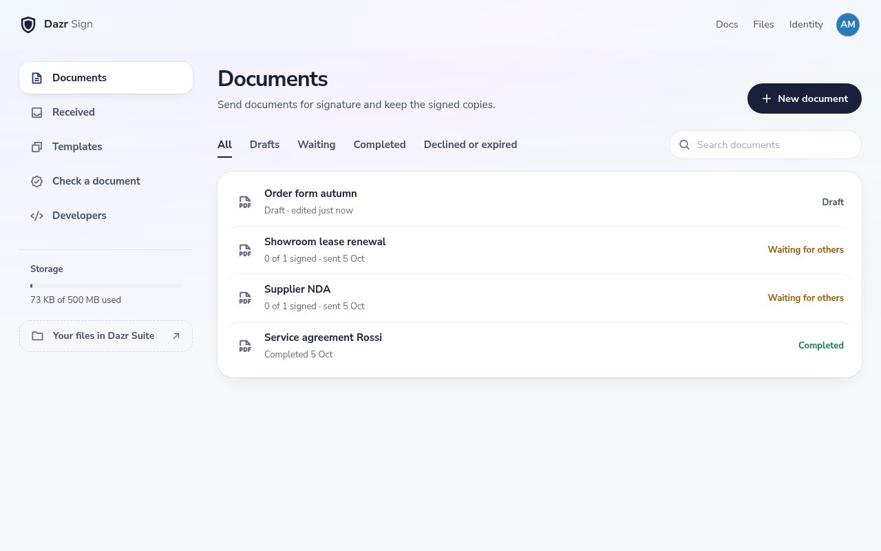 The Dazr Sign document list: a draft, two documents waiting for signatures and a completed agreement